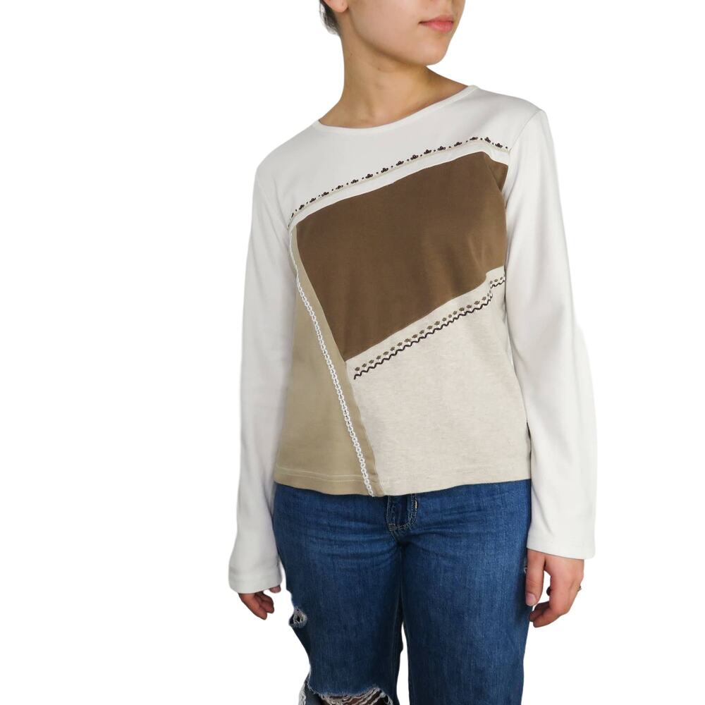 1990s Vintage Liz Claiborne Brown & White Colorblock Embroidered Top Small
